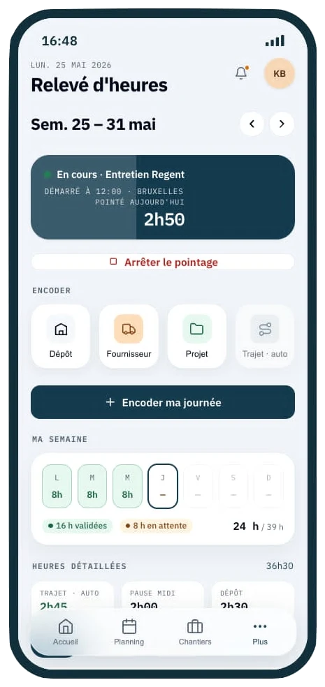 Application mobile Aionik : relevé d'heures de la semaine — pointage en cours, heures par jour, heures validées et heures en attente