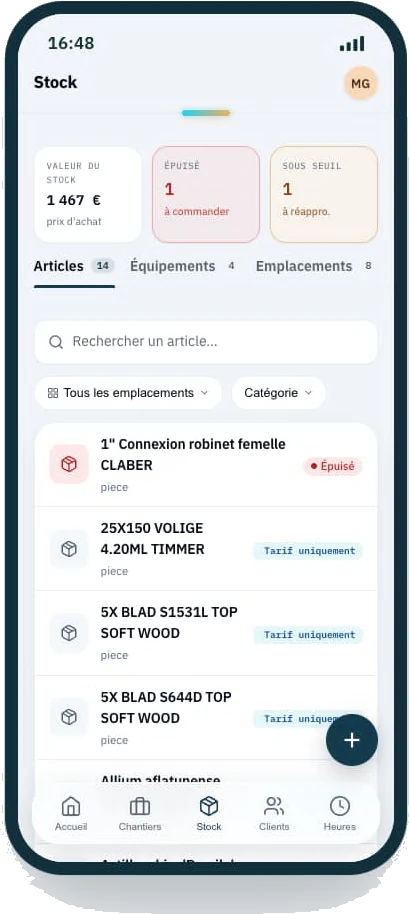 Application mobile Aionik : écran Stock sur smartphone — valeur du stock, articles épuisés ou sous seuil, et liste du matériel par emplacement